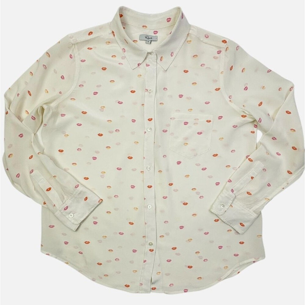 Rails Kate Silk Blouse Ivory Pink Lips Print Button Front Pocket Shirt M